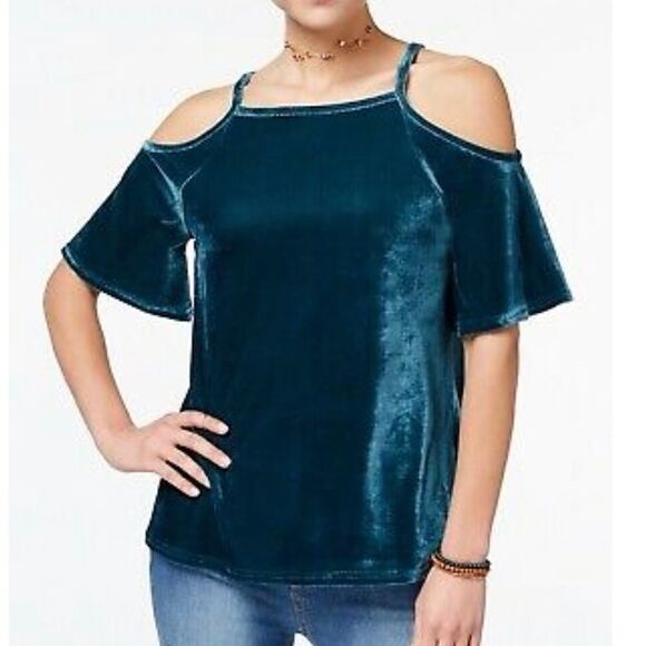 Ultra Flirt Velvet Cold Shoulder emerald green teal Top blouse -small - Picture 1 of 10